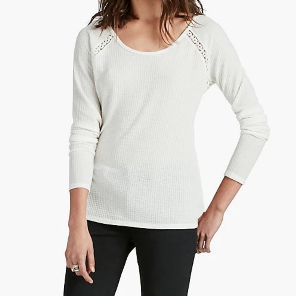 Lucky Brand Womens L Ivory Thermal Pullover Top Shirt Lace Yoke
